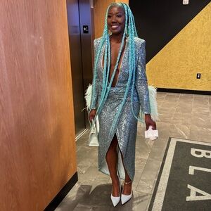 NERVI Mint Sequin Gown With Feather Trim